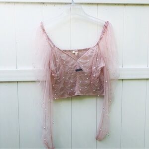 Dusty rose pink ‘pearl’ embellished mesh balletcore crop top coquette